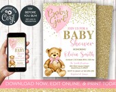 Bear Girl Baby Shower Invitation, Baby Girl, Bear, Teddy Bear, Heart, Pink, Gold, Balloon, Shower, Baby, INSTANT DOWNLOAD