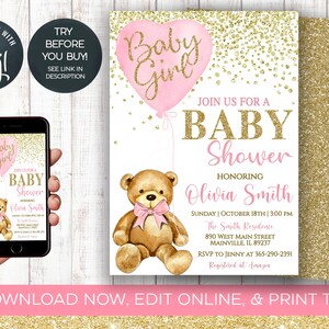 Bear Girl Baby Shower Invitation, Baby Girl, Bear, Teddy Bear, Heart, Pink, Gold, Balloon, Shower, Baby, INSTANT DOWNLOAD