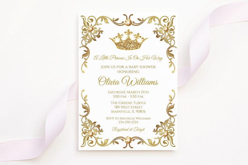 Princess Royal Baby Shower Invitation White Gold Baby Etsy