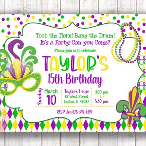 Mardi Gras Birthday Invitation, Mardi Gras, Birthday, Girl, Boy, Kid, Child, Teen, Adult, Celebration, Party, Invitation, Digital or Printed