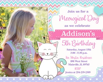 Caticorn Birthday Party Invitation Cat Unicorn Rainbow | Etsy