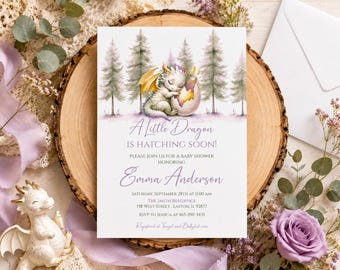 Dragon Baby Shower Invitation, Girl Baby Shower Invitation, Baby Dragon, Dragon Theme Baby Shower, Purple and Gold, Digital or Printed