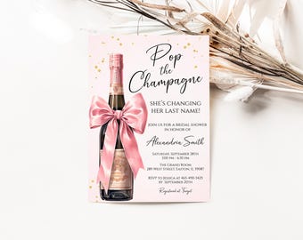 Abre el champán. Ella está cambiando su apellido. Invitación para despedida de soltera, invitaciones para brunch y champán, despedida de soltera, vino, digital o impresa