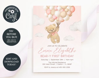 Bear Girl First Birthday Invitation, Teddy Bear Invite, Girl Bear Balloons Invite, Teddy Bear Birthday, One Year, Template, Instant Download