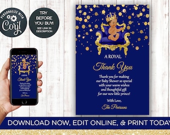 Prince Baby Shower Thank You Card, King, Prince, Royal, Baby Shower, Thank You, Crown, Boy, Baby, Editable, INSTANT DOWNLOAD