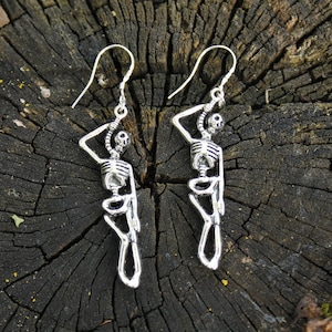 Hanging Skeleton Earrings, Silver Earrings, Creepy Earrings, Gothic Earrings, Halloween Earrings, Skull Earrings