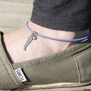 Tiny Sky Blue Matte Beaded Anklet with Feather and Crystal Charm, Summer Anklet, Feather Anklet, Bohemian