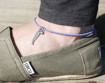 Tiny Sky Blue Matte Beaded Anklet with Feather and Crystal Charm, Summer Anklet, Feather Anklet, Bohemian