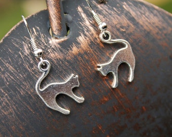 Dainty Dangle Earrings, Stretching Cat Earrings, Sterling Silver Hooks, Silver cat earrings, cat earrings, cats