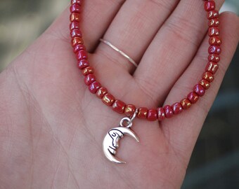 Red Aurora Crescent Moon Charm Toggle Bracelet, Czech Beaded Bracelet