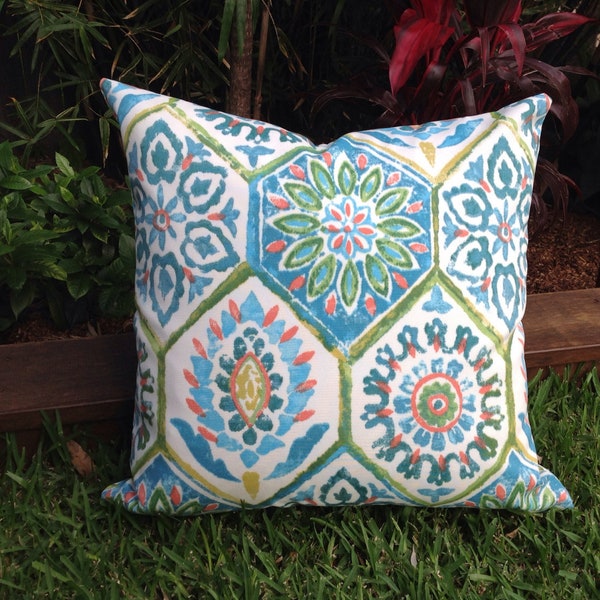 Outdoor Cushions Blue and Green Outdoor Cushion Cover Moroccan Berry Indoor/Outdoor Cushion Outdoor Pillow Caribbean Blue Bohemian Pillow.