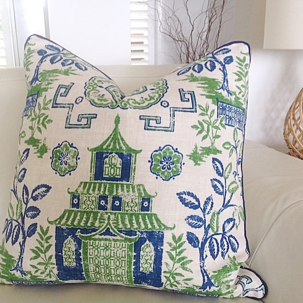 Linen Cushions Linen Pillows. Chinoiserie Cushion Cover, Tea House Cushion. Blue and Green Colourful Vibrant. Blue and White Modern Style