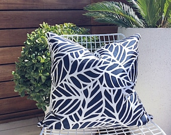 Navy Palm Leaf Outdoor Cushion Cover: Tropical Pillow