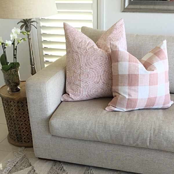 Blush Pink Cushions Buffalo Check Cushion Cover, Pink Grey and White Denver Scatter Cushion.