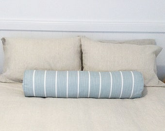 Light Blue Striped Bolster Pillow: Beach House Decor