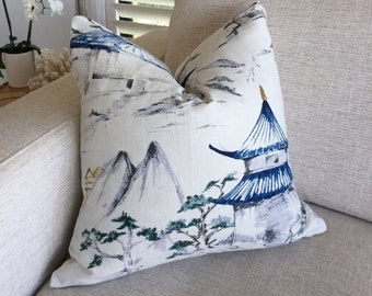 Toile Cushion Cover: Chinoiserie Oriental Style Toss Pillow