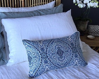 Blue Damask Linen Cushion Cover: Hampton's Coastal Pillow