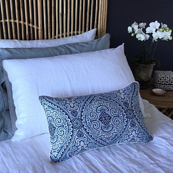 Couvertures de coussin de damas bleues et blanches, oreillers de style de Hampton, oreiller en lin, couverture de coussin lombaire, oreillers de style côtier