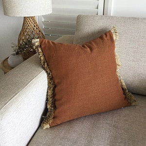 Linen Fringe Pillow Cover: Cinnamon Rust Copper Cushion