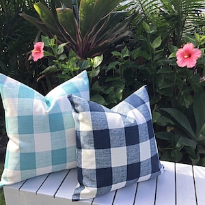 Buffalo Check Outdoor Cushions Turquoise Pillows Outdoor Pillows Navy and White Cushion Cover Coastal Hamptons Style Navy Pillows Etsy