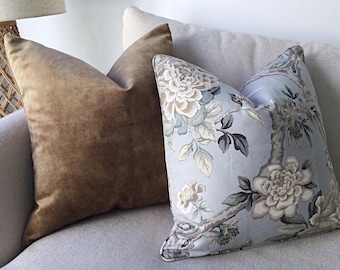 Powder Blue Floral Pillow Cover, Hamptons Style Songbird Design