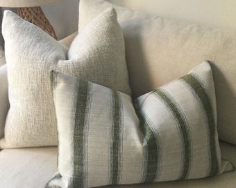 Olive Green Striped Textured Accent Pillows. Natural Earthy tones.