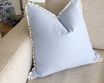 Pale Blue Linen Cushion Cover: Pom Pom Coastal Pillow, 20"
