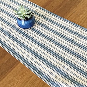Coastal Stripe Table Runner: Blue & Light Grey Cotton Decor
