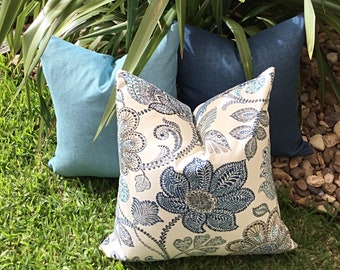 Hamptons Outdoor Cushions, Floral Outdoor Pillows, Busan Denim Hampton's Style Cushions Covers, Blue Cushions, Blue Pillows