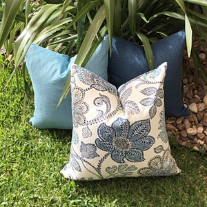 Hamptons Outdoor Cushions, Floral Outdoor Pillows, Busan Denim Hampton&#39;s Style Cushions Covers, Blue Cushions, Blue Pillows
