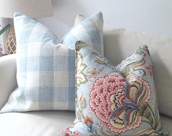 Linen Jacobean Pillow Cover: Hamptons Style Duck Egg Floral