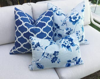 Hamptons Style outdoor Pillow Covers. Blue Sunbrella and Bella Dura Cushion covers.