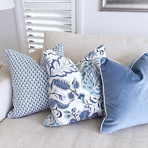 Hamptons Style Cushions, Linen Cushions, Jacobean Pillows, Hampton's Pillows, Cover Only. Blue & White Cushions, Scatter Cushion covers. image 1