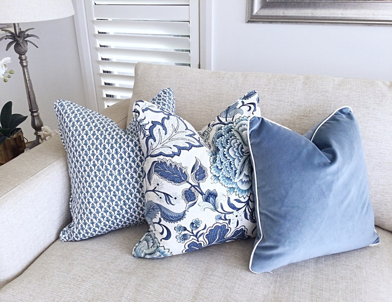 Hamptons Style Cushions, Linen Cushions, Jacobean Pillows, Hampton's Pillows, Cover Only. Blue & White Cushions, Scatter Cushion covers. image 1