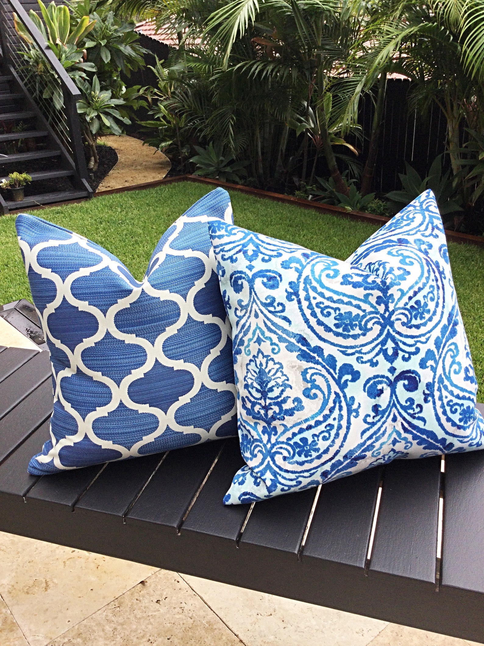 Blue and White Coastal Outdoor Cushions Damask Indoor/outdoor Etsy