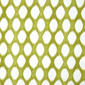 May include: White fabric with a green ikat pattern of overlapping circles.