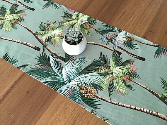 Sage Green Table Runner: Vintage Hawaiian Palm Print, Coastal Decor