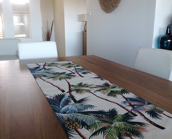 Table Runner Hawaiian Palms Tropical Coastal Classic Sage Green Cream Black Vintage Hawaiian Style Beach House Decor