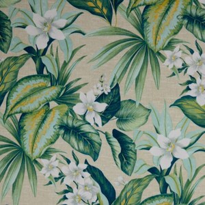 May include: A tropical floral pattern featuring white flowers and large green leaves with blue and yellow accents. The design is set against a beige background, creating a vibrant and natural aesthetic. This pattern is suitable for fabric or wallpaper.