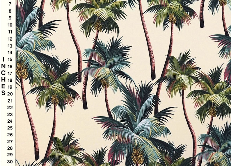 May include: A seamless pattern featuring a repeating design of palm trees with green, blue, and yellow leaves against a cream background.