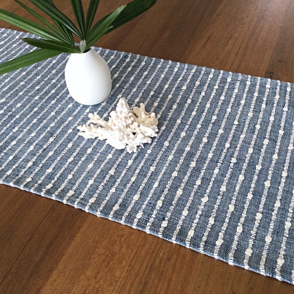 Coastal Decor, Coastal Table Runner, Coastal Horizon Blue Stripe Table Runner. Woven Textured Table decor