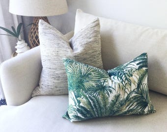 Tropical Palm Tree Cushion Cover: Retro Hawaiian Coastal Decor Green Palms.