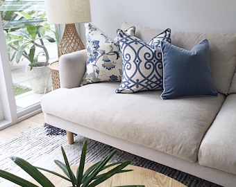 Hamptons Style Leinen Kissenbezug: Blaue Blumen & Samtkissen