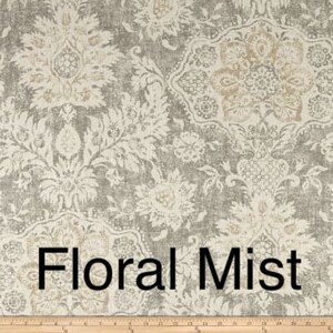 May include: Floral fabric with a large-scale floral pattern in shades of gray, cream, and tan. The design features stylized flowers and foliage, with the text "Floral Mist" at the bottom.