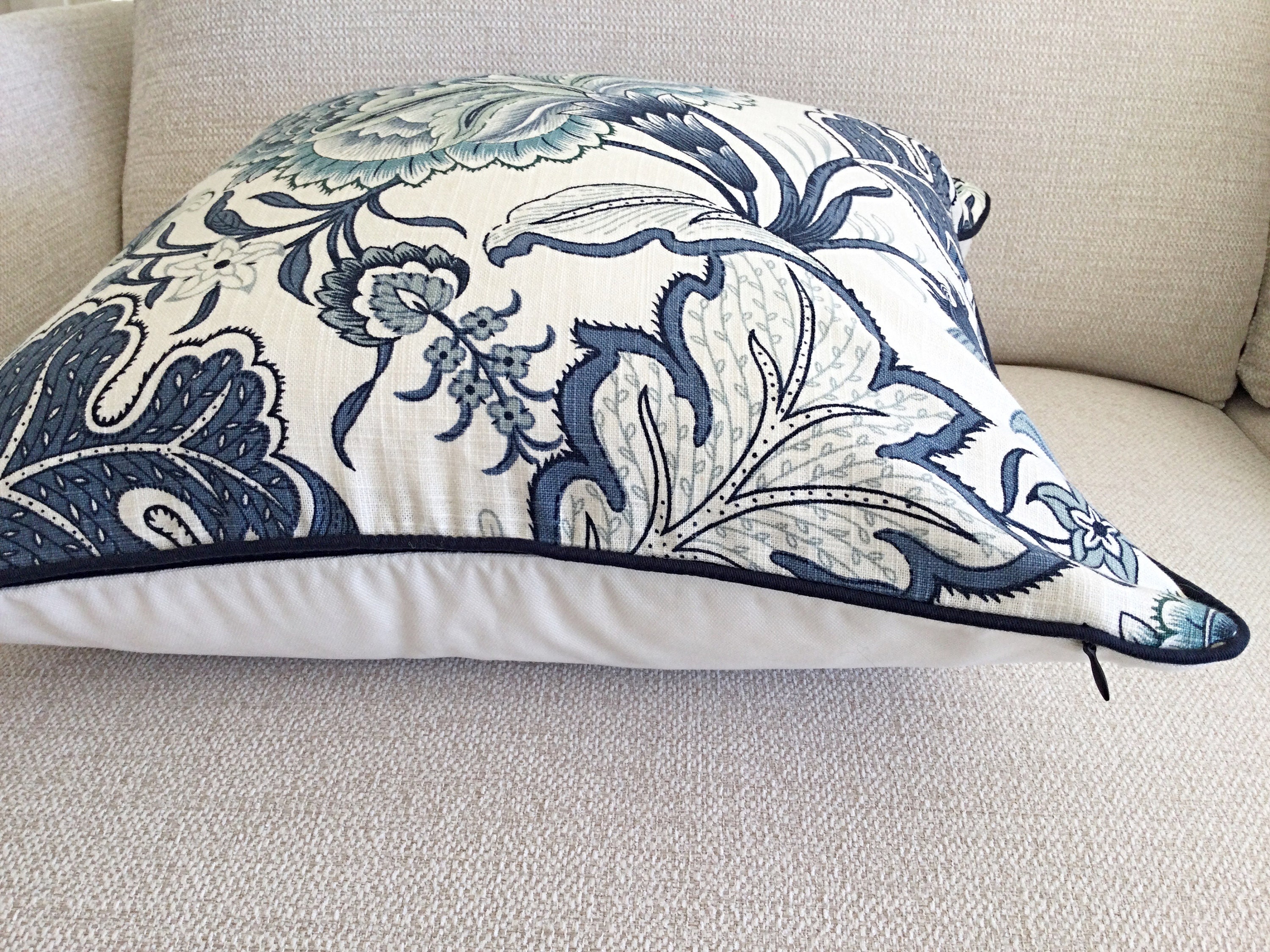 Blue and White Designer Pillow Cover, Jacobean Floral Style, Toss Pillow, Throw  Pillow Eurosham Accent Cushion Sofa Pillows 18x18 TESENEY 