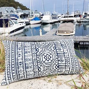 Tribal Outdoor Pillow Cover: Ecru Navy Coastal Cushion
