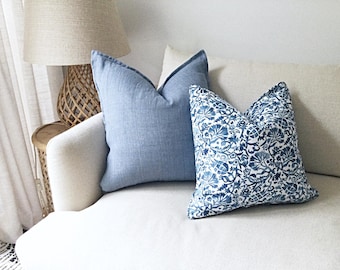 Hamptons Style Pillow Cover Set: Chambray Blue Linen, Floral Jacobean Pillow Cover