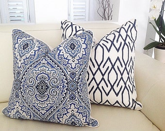 Blaue und weiße Damast Kissenhüllen, Hamptons Stil Kissen, Kissen, Kissen-Abdeckung, Küsten