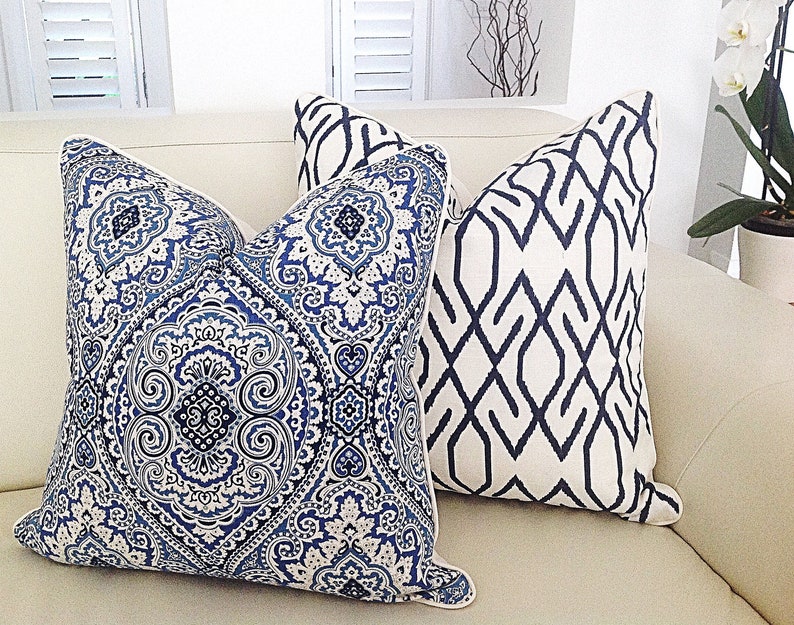 Blue and White Damask Cushion Covers Hampton's Style Etsy