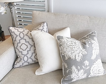 Hamptons Style Linen Cushion Covers, Grey Linen Pillows. Cover Only. Jacobean Pillow cover, Ivory Scatter Cushion Covers